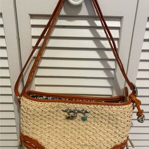 BRIGHTON Woven Raffia & Leather Trim Convertible Shoulder Bag